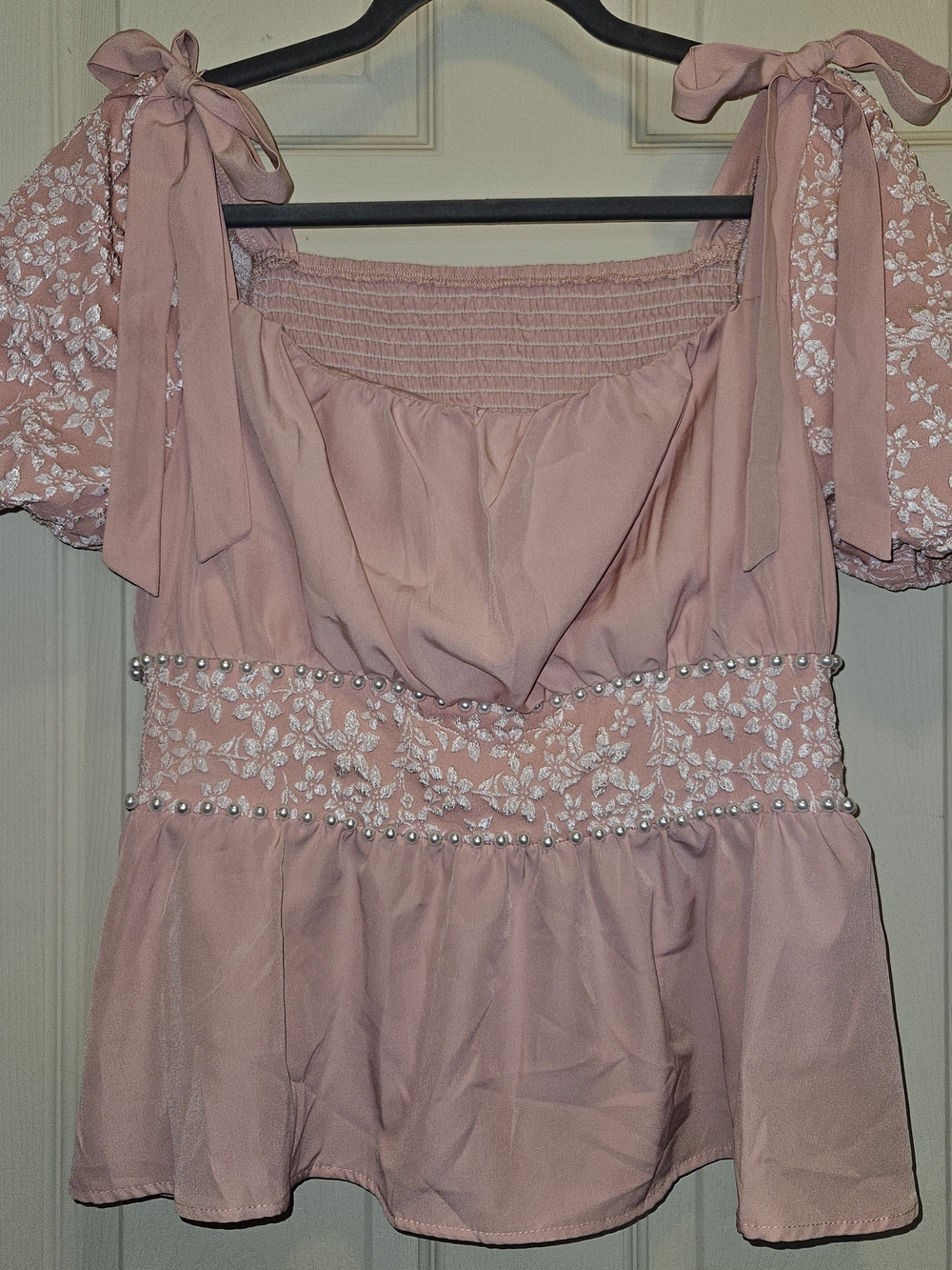SHEIN Dusty Rose Embroidered Tie-Shoulder Peplum Top